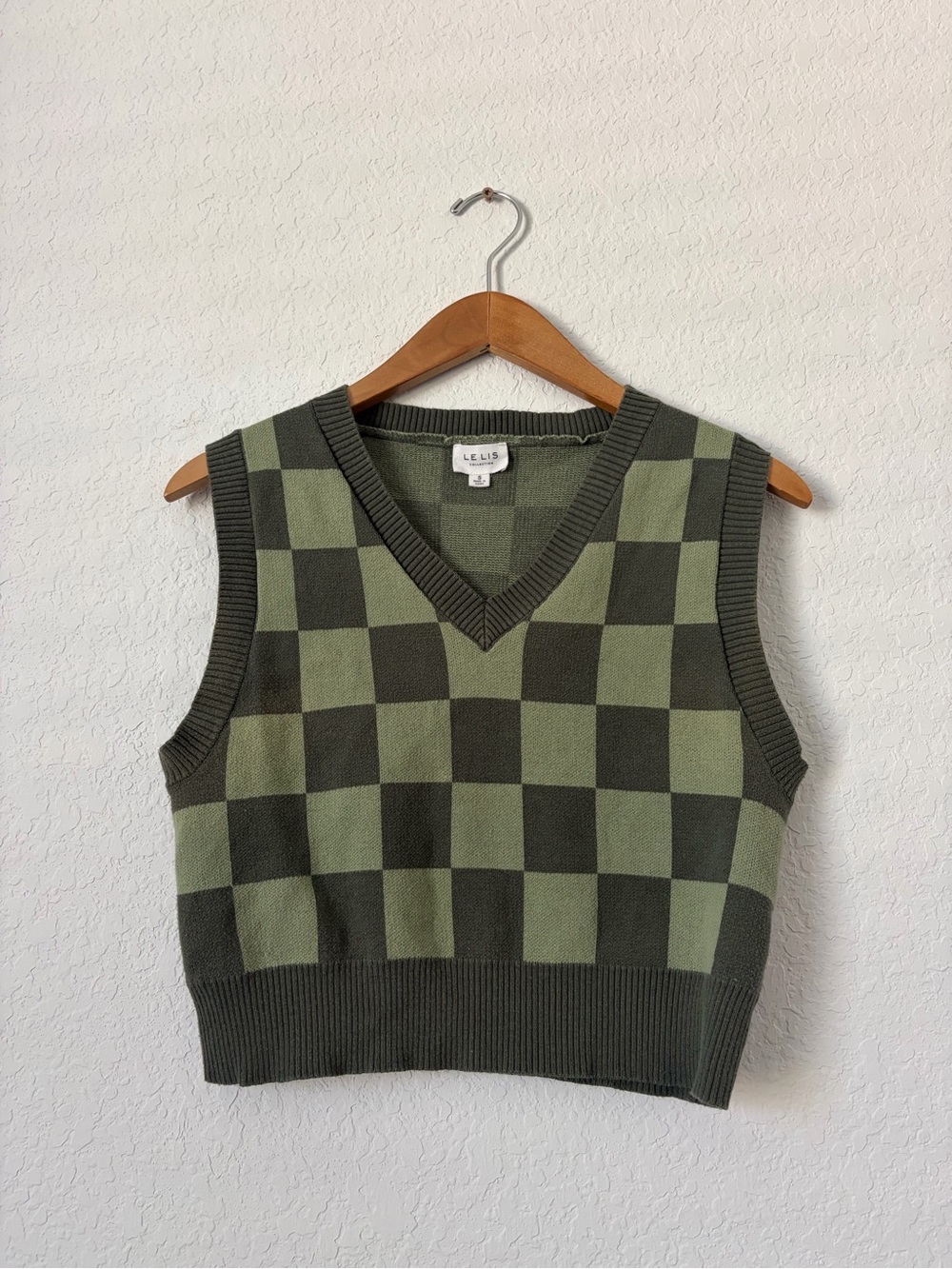 LE LIS L Y2K Prep Olive Checkered V-Neck Knit Sweater Vest